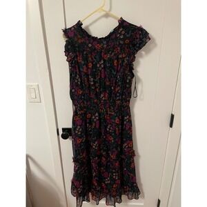 CeCe Floral Print Midi Dress‎ Ruffle Trim Smocked Waist Black Orange Purple XL